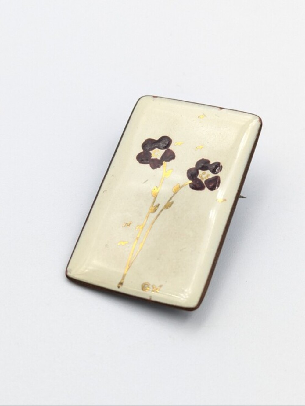 Hand painted enamel flower brooch pin cream with gold stems